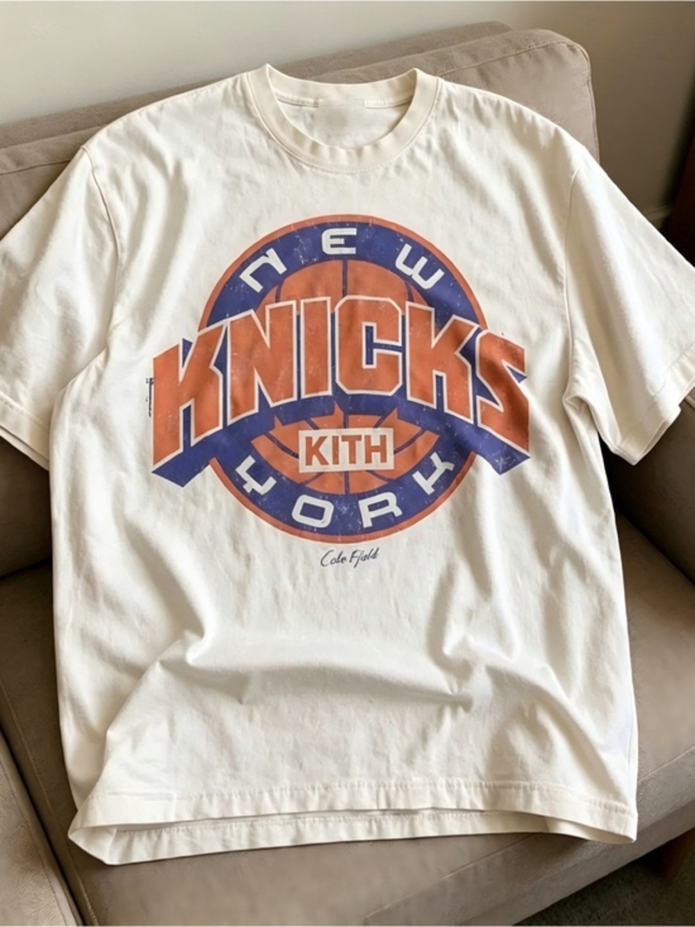 Kith New York Knicks Cream T-Shirt with Orange and Blue Logo